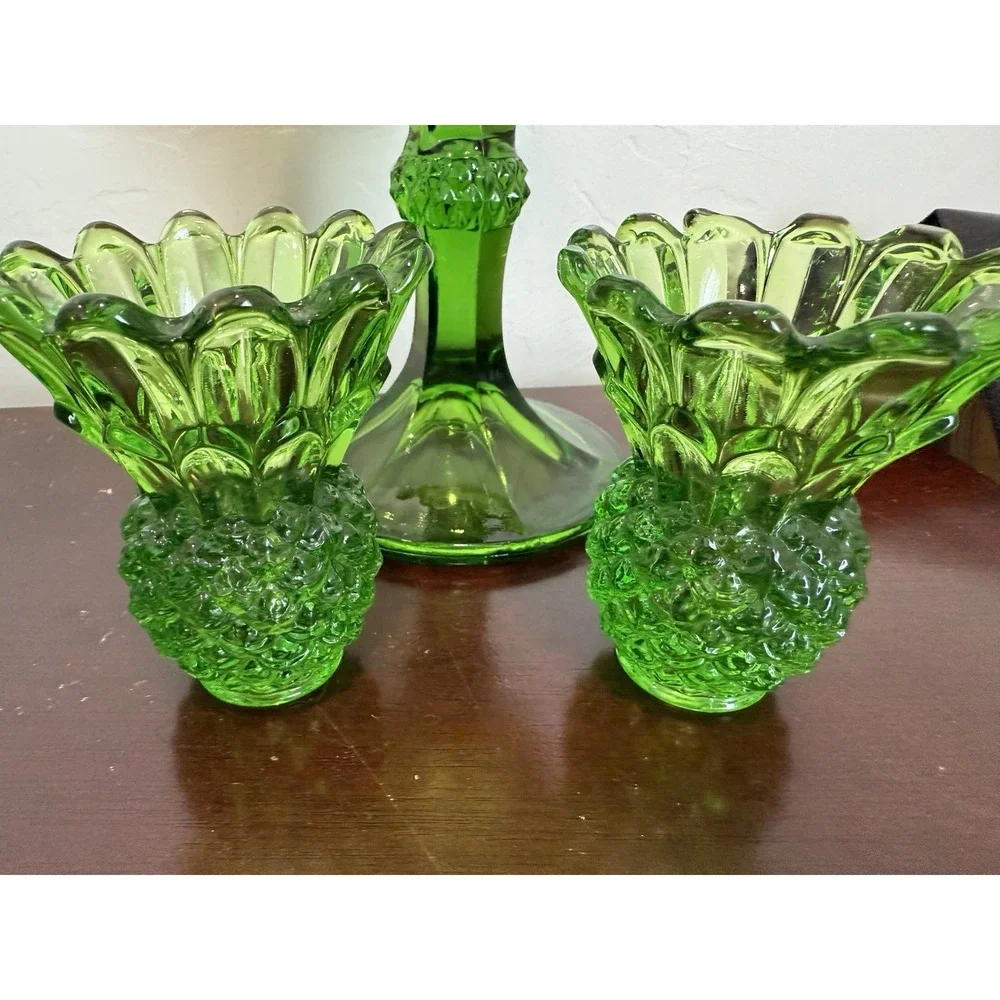 Lot Of 3 VTG Diamond‎ Point Green Pedestal Compote Vase w/ 2 Candleholders